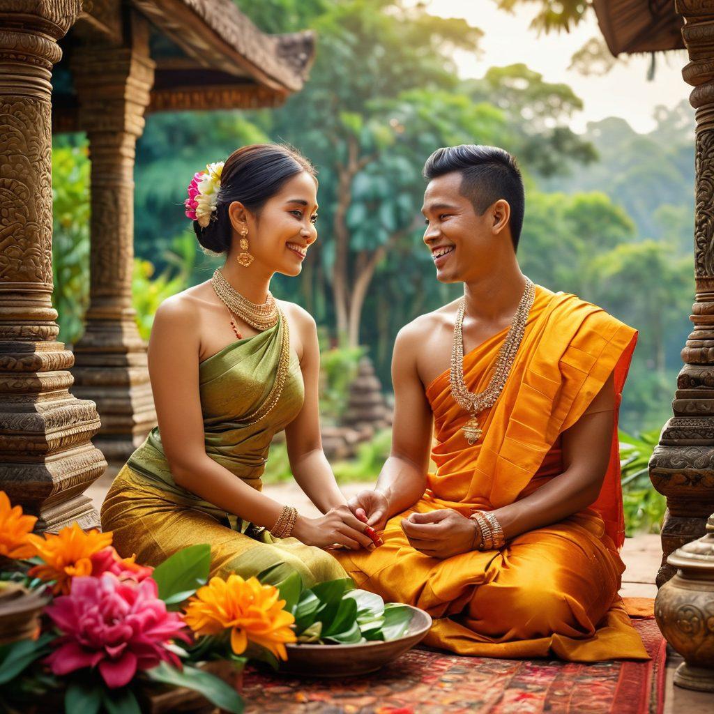 A heartwarming scene depicting a traditional Khmer couple engaging in a cultural ritual, surrounded by vibrant flowers and traditional motifs. The couple is smiling and interacting tenderly, showcasing deep connection amidst rich Khmer heritage elements like ornate textiles and food offerings. The background includes lush green landscapes to evoke a sense of community and warmth. super-realistic. vibrant colors. serene atmosphere.
