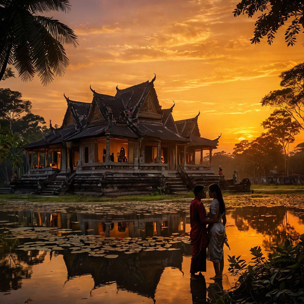 A serene Cambodian landscape at sunset, featuring traditional Khmer architecture intertwined with modern elements symbolizing relationships. In the foreground, a couple engaged in a gentle, intimate moment, surrounded by intricate floral designs from Khmer culture. Soft, warm light enhances the scene, evoking feelings of intimacy and connection. dreamlike atmosphere. vibrant colors. super-realistic.