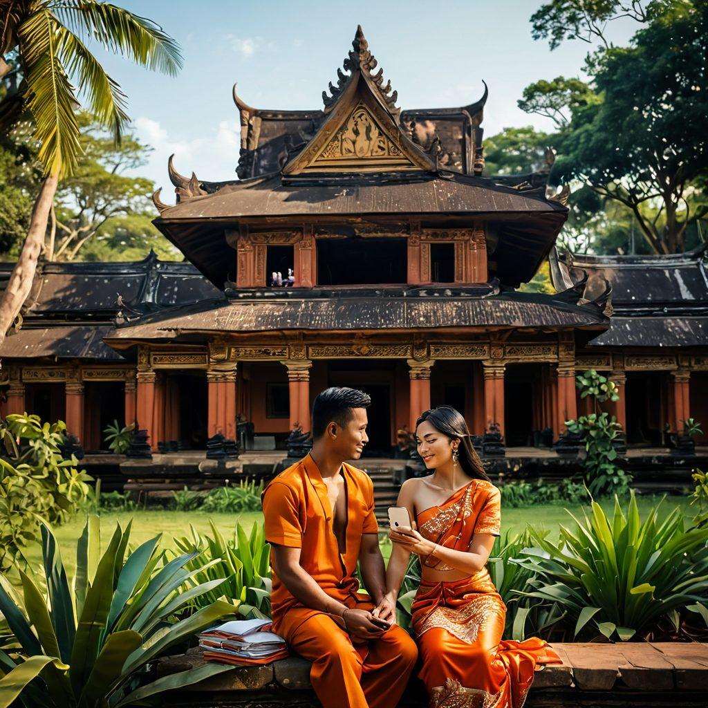 A vibrant scene depicting a couple enjoying an intimate moment in a lush Cambodian landscape, with traditional architecture in the background, intertwined with symbols of modern romance like smartphones and love letters. The mood should reflect a blend of desire and cultural richness, showcasing traditional Khmer textiles and natural beauty. Use warm colors to evoke passion and connection. super-realistic. vibrant colors. 3D.